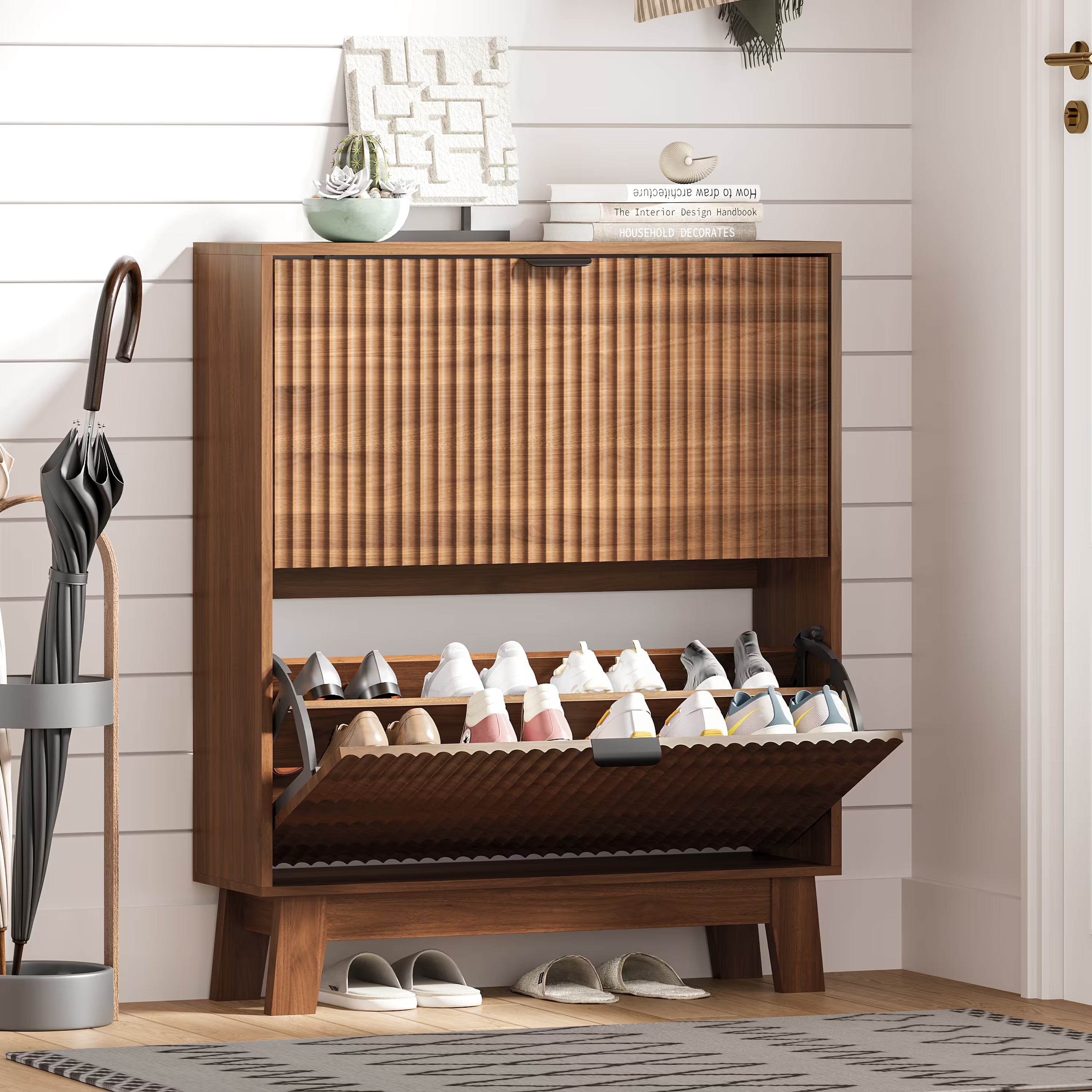 HLG136 Linea Anymaple walnut narrow shoe cabinet for entryway with 2 fluted flip drawers and wooden legs