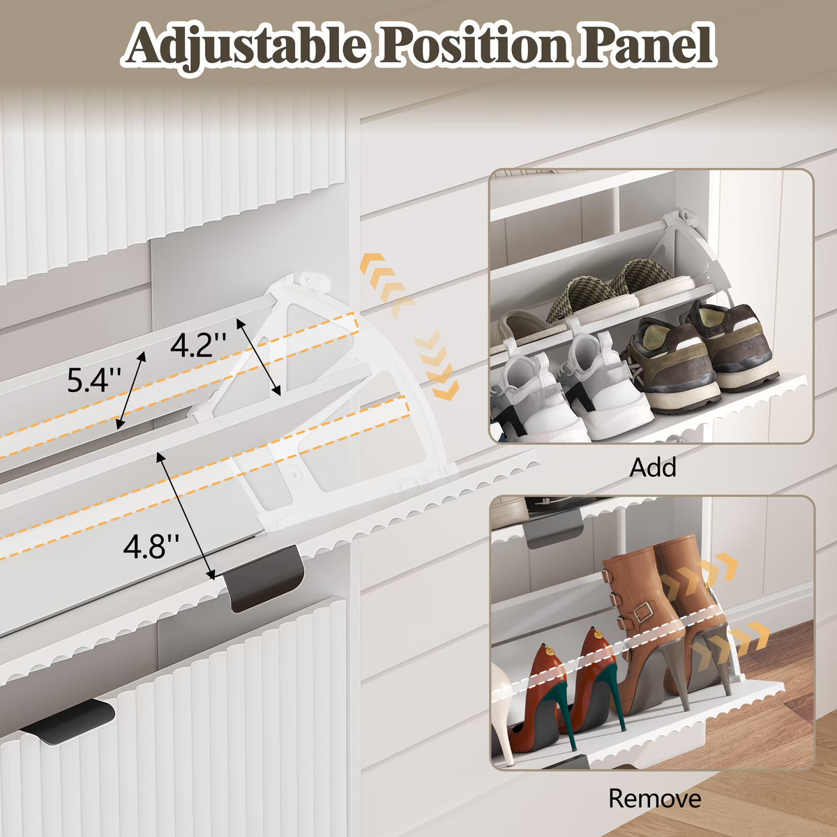 HLG136 Linea Anymaple white shoe rack cabinet with adjustable and removable interior panels for different shoe heights