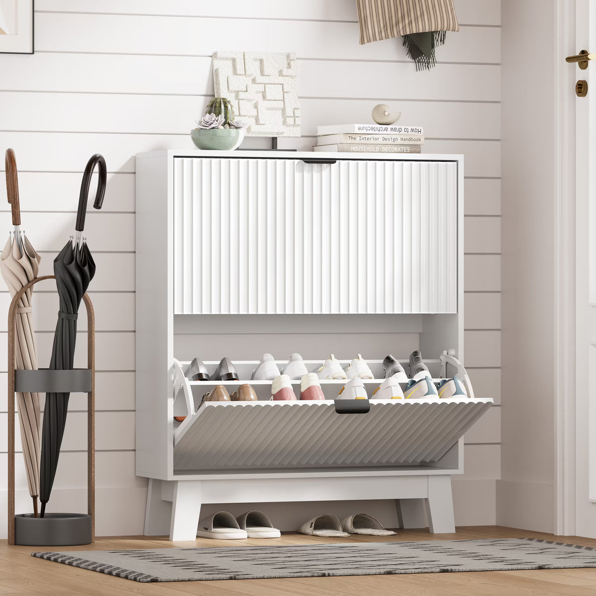 HLG136 Linea Anymaple white narrow shoe cabinet for entryway with 2 fluted flip drawers and wooden legs