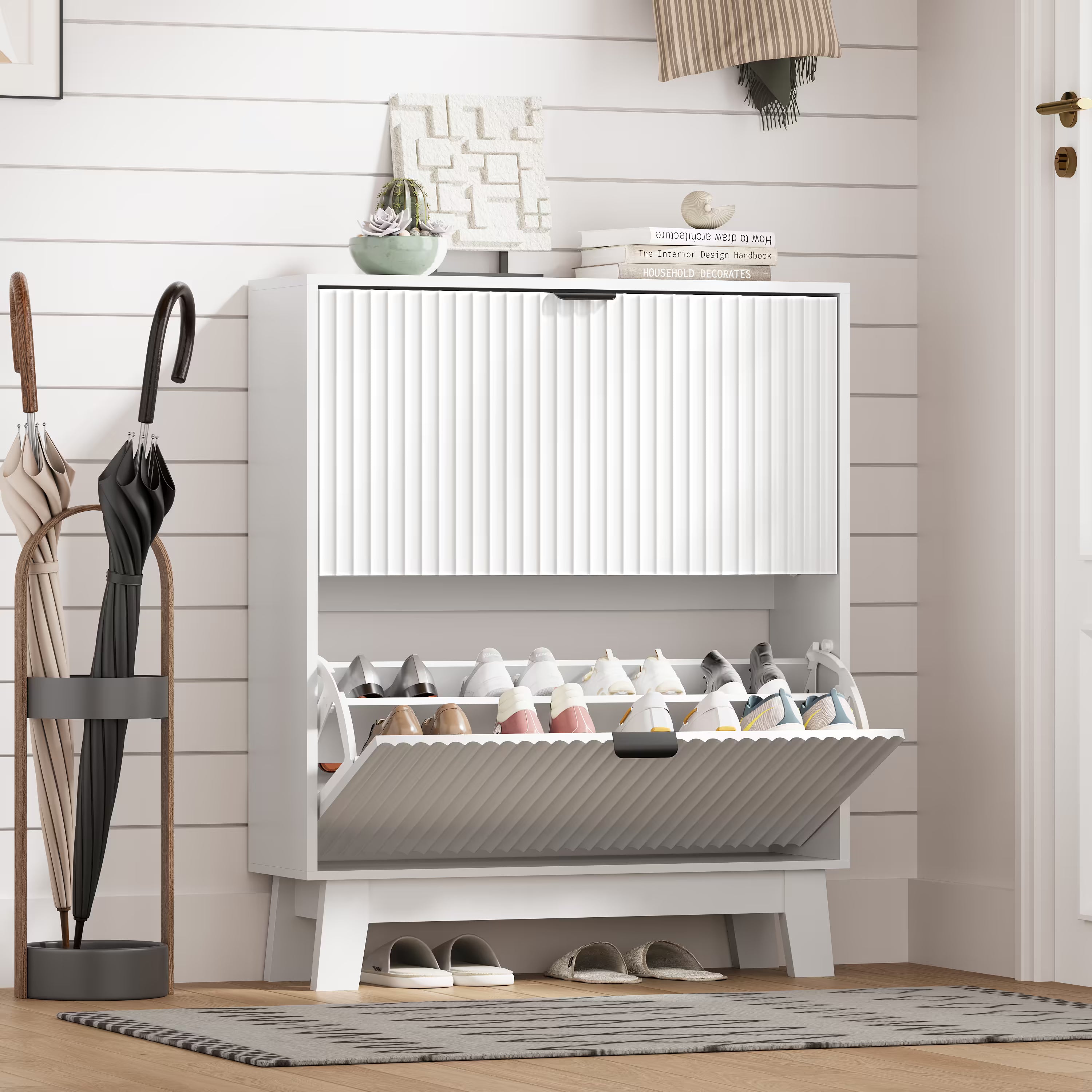 HLG136 Linea Anymaple white narrow shoe cabinet for entryway with 2 fluted flip drawers and wooden legs