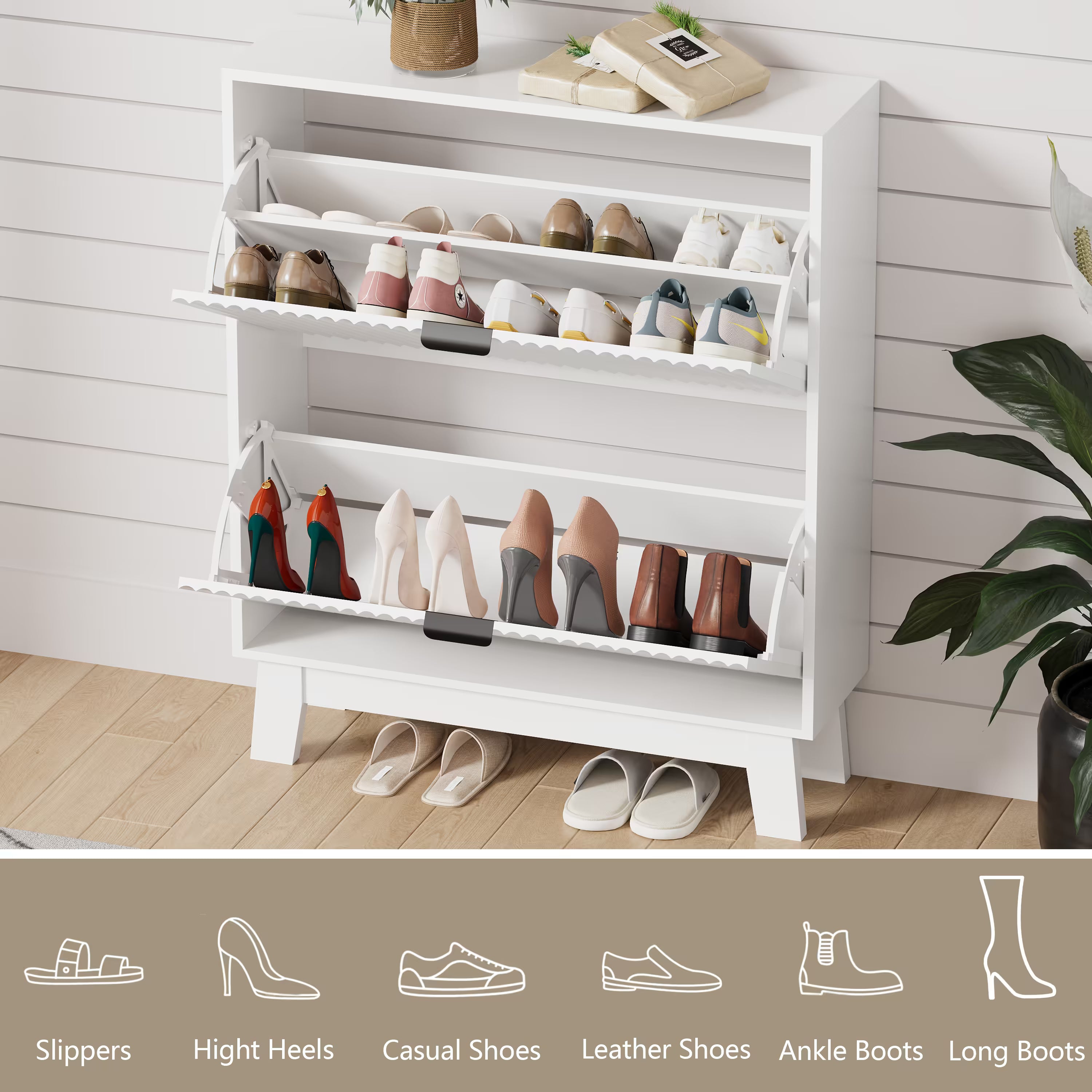 HLG136 Linea Anymaple white shoe organizer cabinet with 2 flip drawers for heels, sneakers, boots and daily footwear