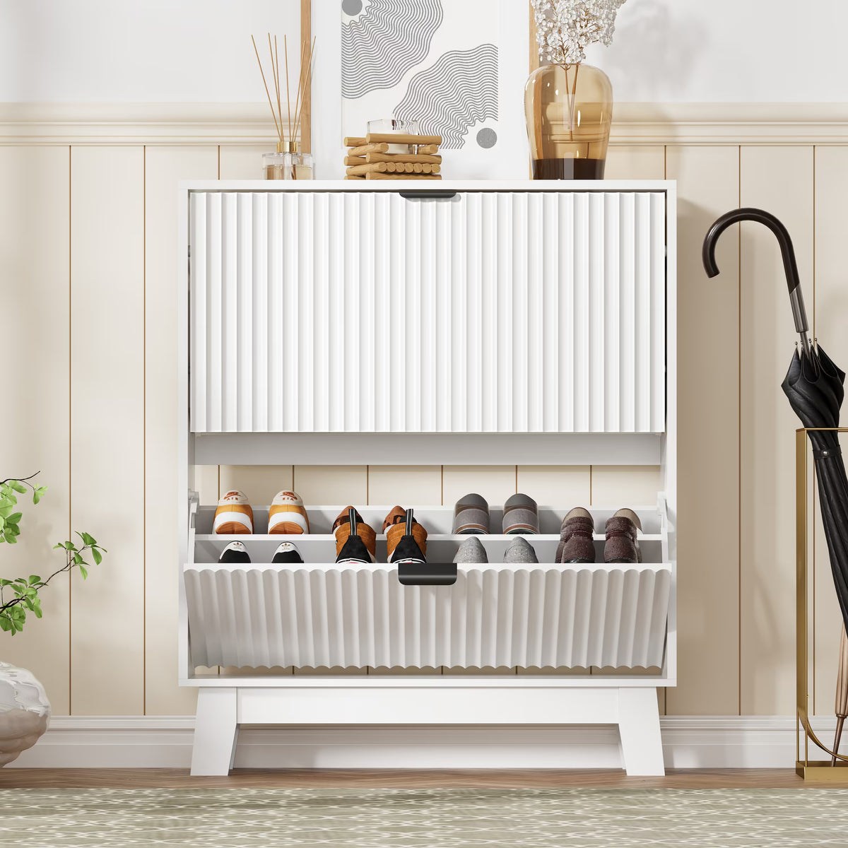 HLG136 Linea Anymaple white slim shoe cabinet standing near the front door for space saving entryway storage