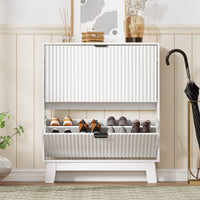 HLG136 Linea Anymaple white slim shoe cabinet standing near the front door for space saving entryway storage