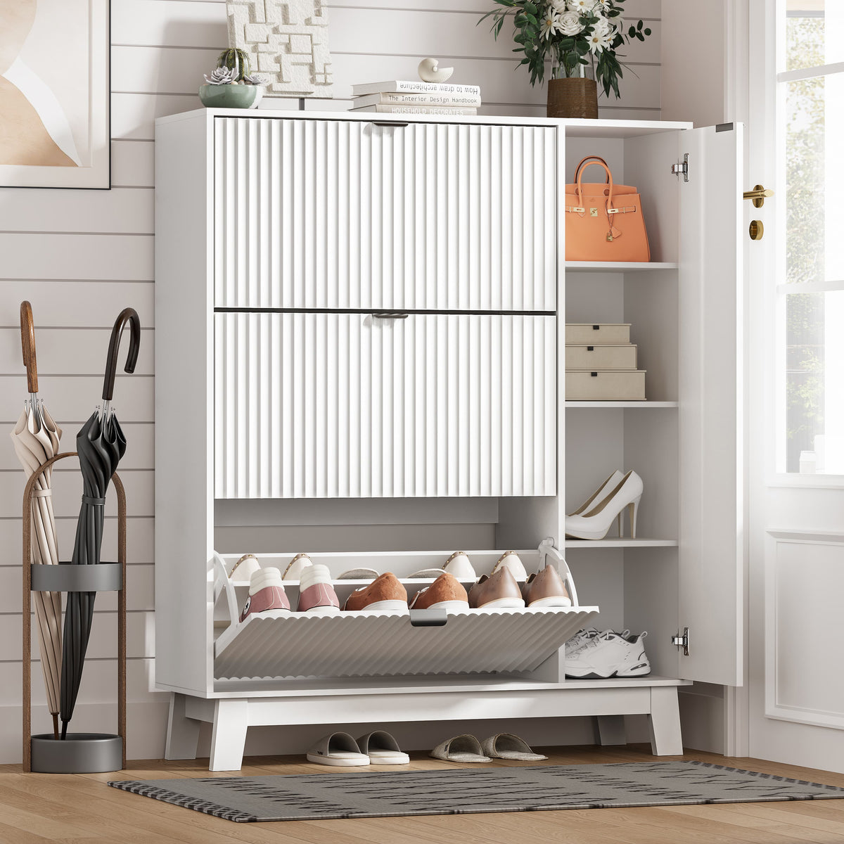 HLG138 Linea Shoe Cabinet with 3 Flip Drawers ＆ Side Cabinet