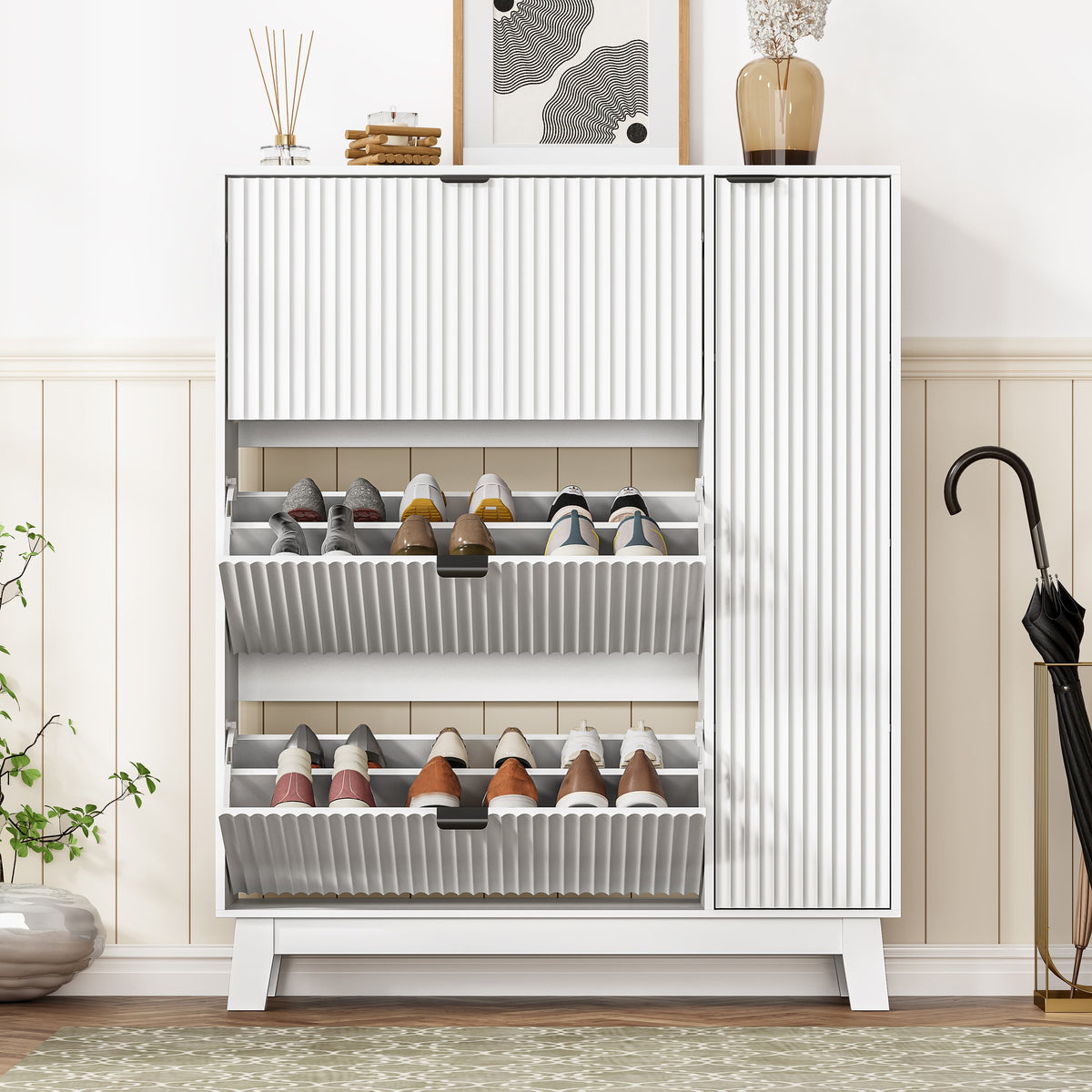 HLG138 Linea Shoe Cabinet with 3 Flip Drawers ＆ Side Cabinet