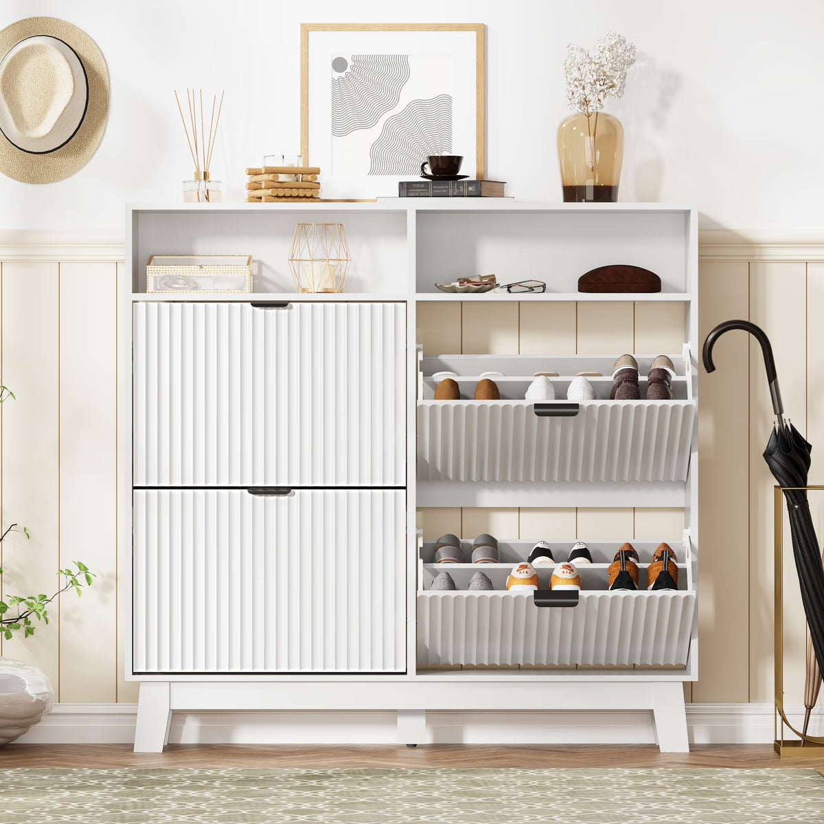 White Linea Fluted Shoe Cabinet with 4 Flip Drawers & Open Cubby, styled entryway view