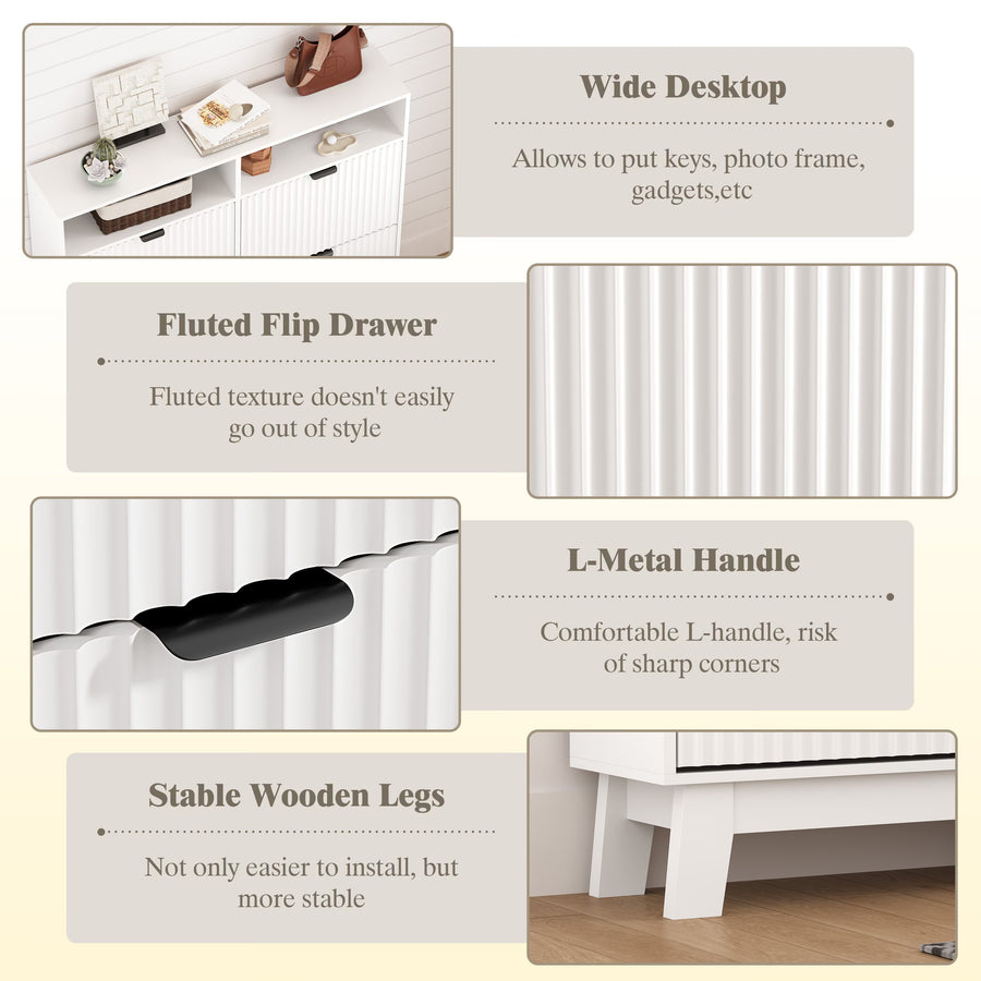White Linea Fluted Shoe Cabinet with 4 Flip Drawers & Open Cubby, product dimensions and slim profile