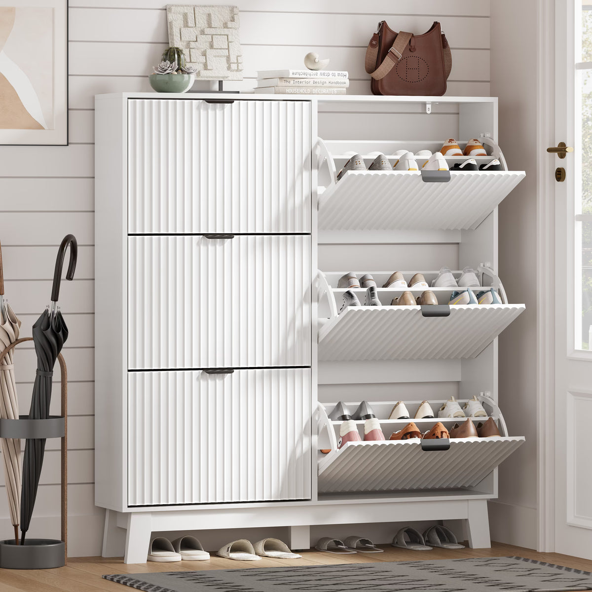White Linea Fluted Entryway Shoe Cabinet with 6 Flip Drawers, front product view