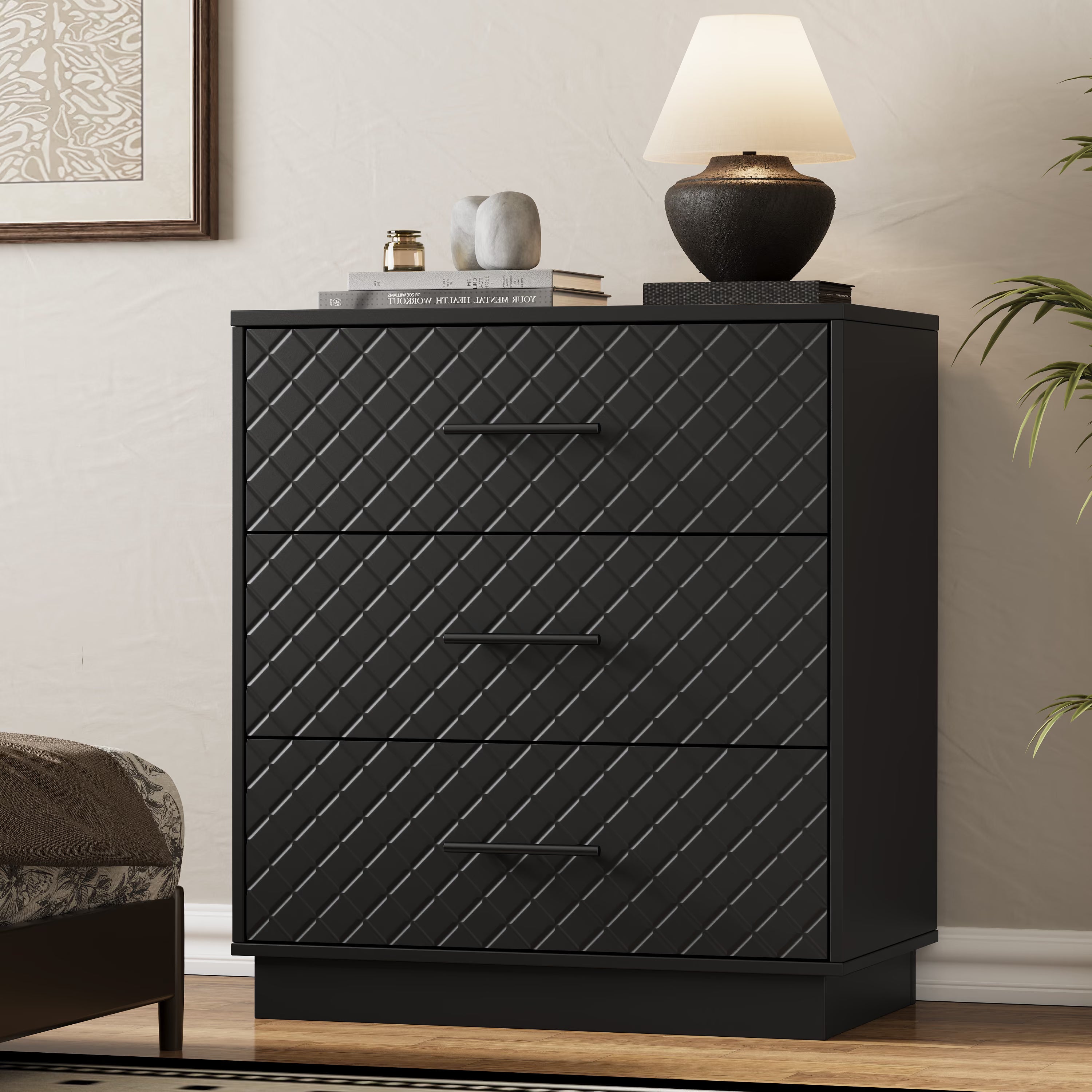 Black Prisma 3-drawer dresser with diamond line fronts and gold handles in a modern bedroom