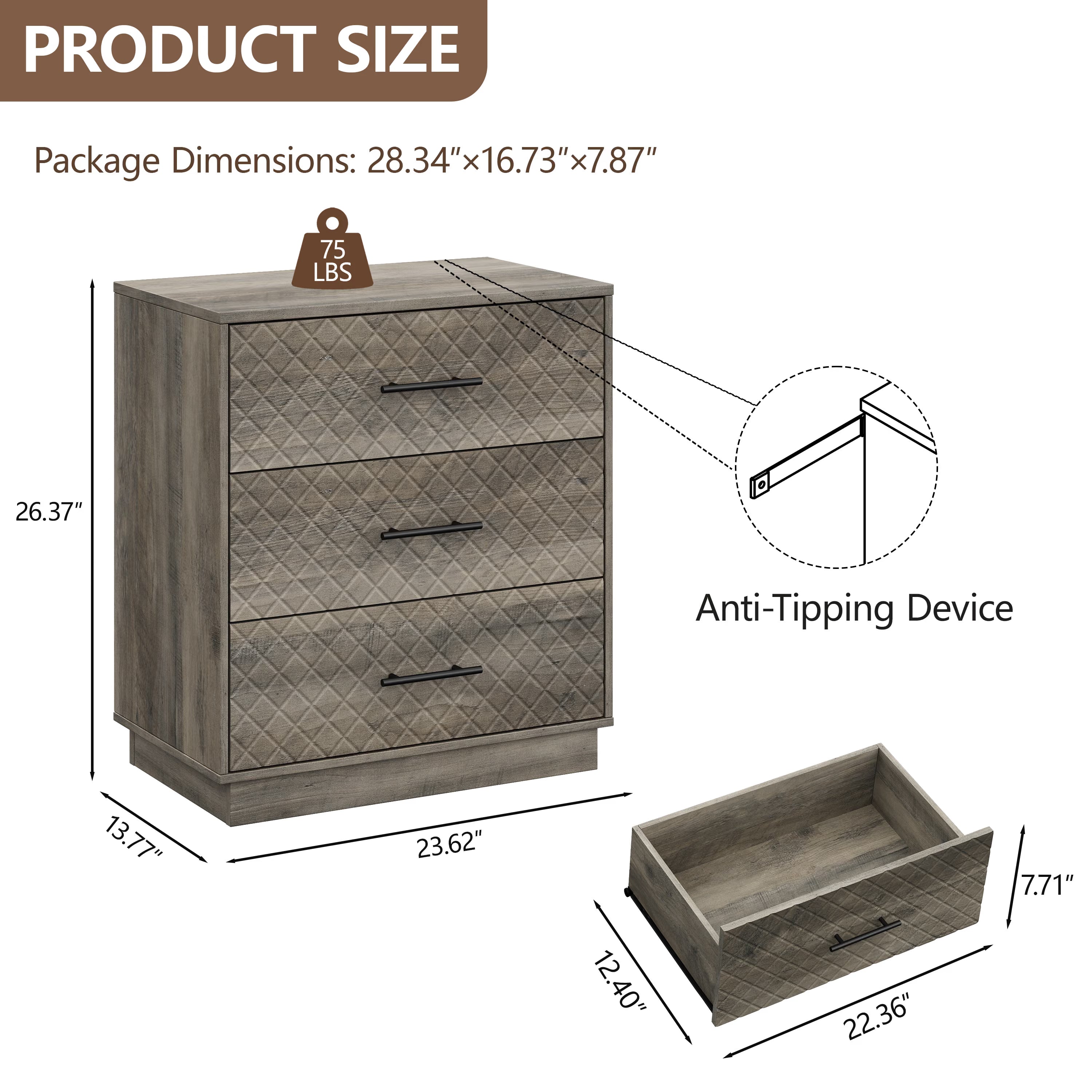 Wood gray 3-drawer dresser dimensions: 23.62 in W x 13.77 in D x 26.37 in H, with anti-tipping device