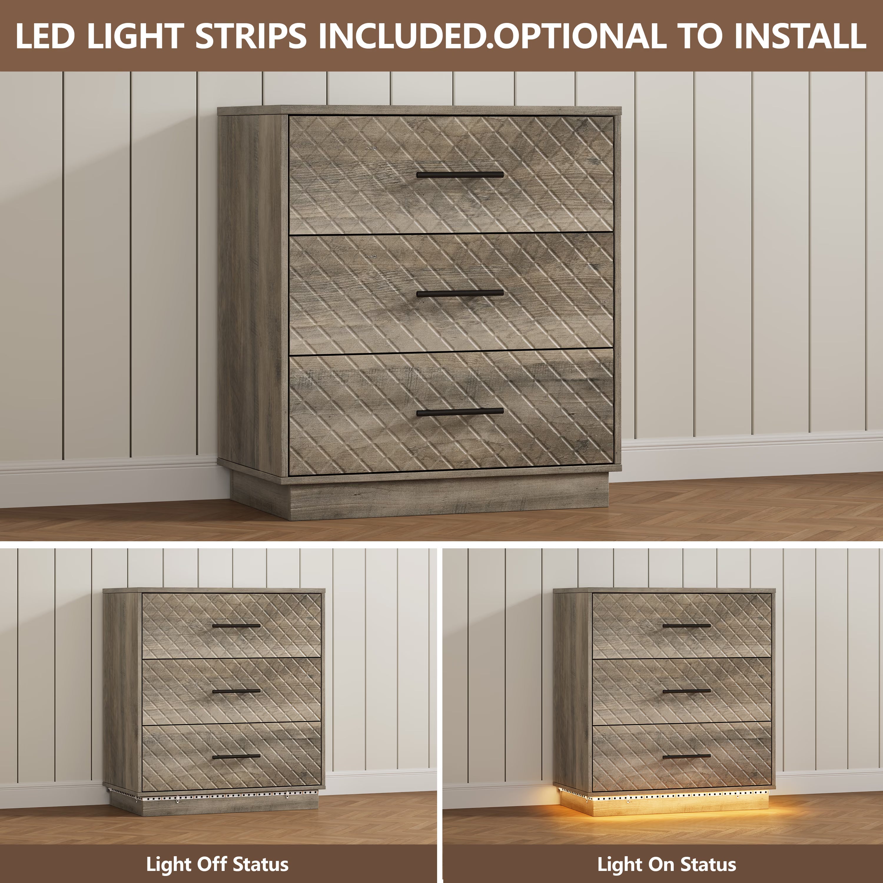 LED light strips on the wood gray 3-drawer dresser, optional to install, light on and off comparison