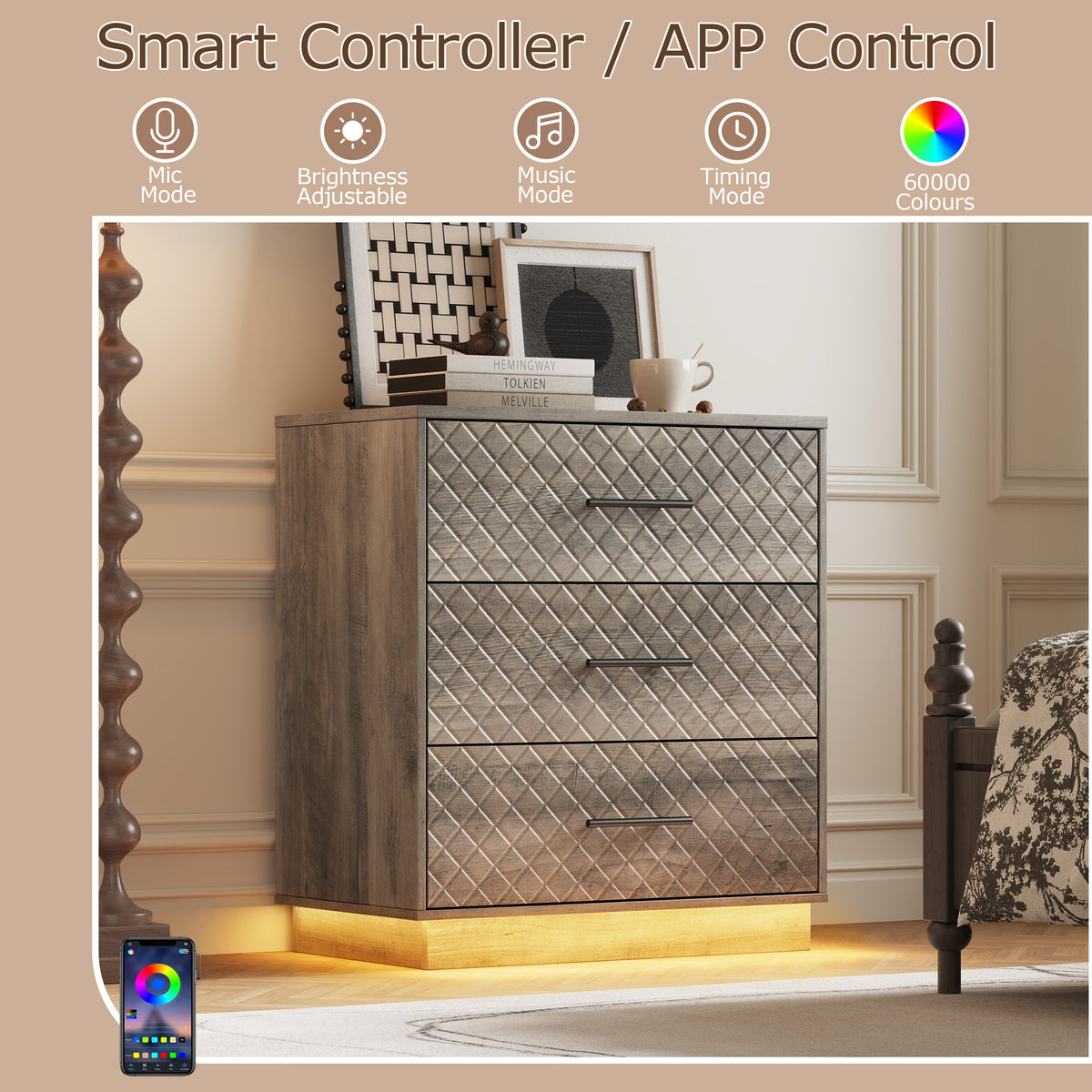 Smart controller and app control for the wood gray 3-drawer dresser LED lights, with music and timing modes