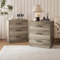 Set of two wood gray 3-drawer dressers styled together in a living room