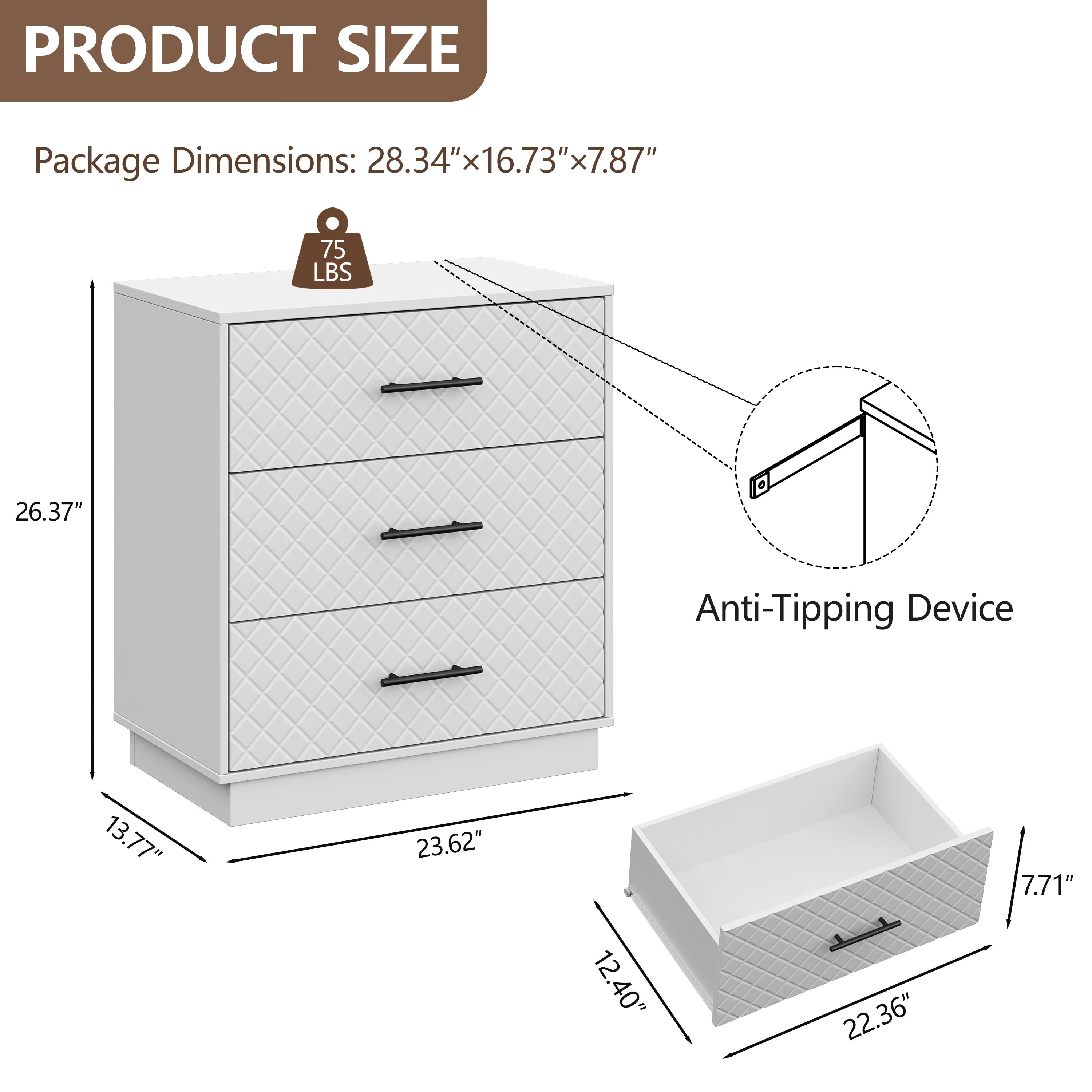 White 3-drawer dresser dimensions: 23.62 in W x 13.77 in D x 26.37 in H, with anti-tipping device