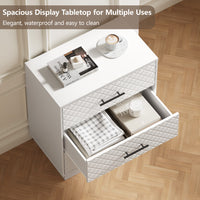 Spacious waterproof tabletop and deep drawer storage of the white 3-drawer dresser