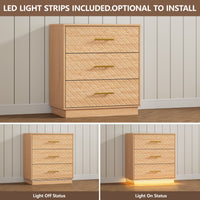 LED light strips on the oak wood 3-drawer dresser, optional to install, light on and off comparison