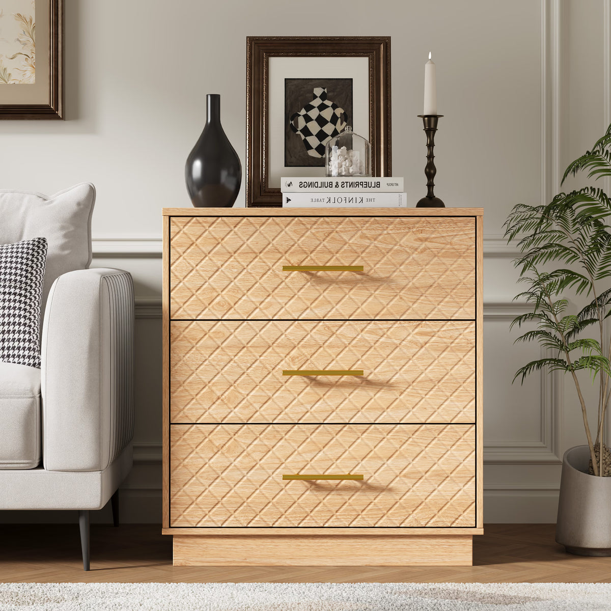 Oak wood 3-drawer dresser with diamond line fronts beside a sofa in the living room