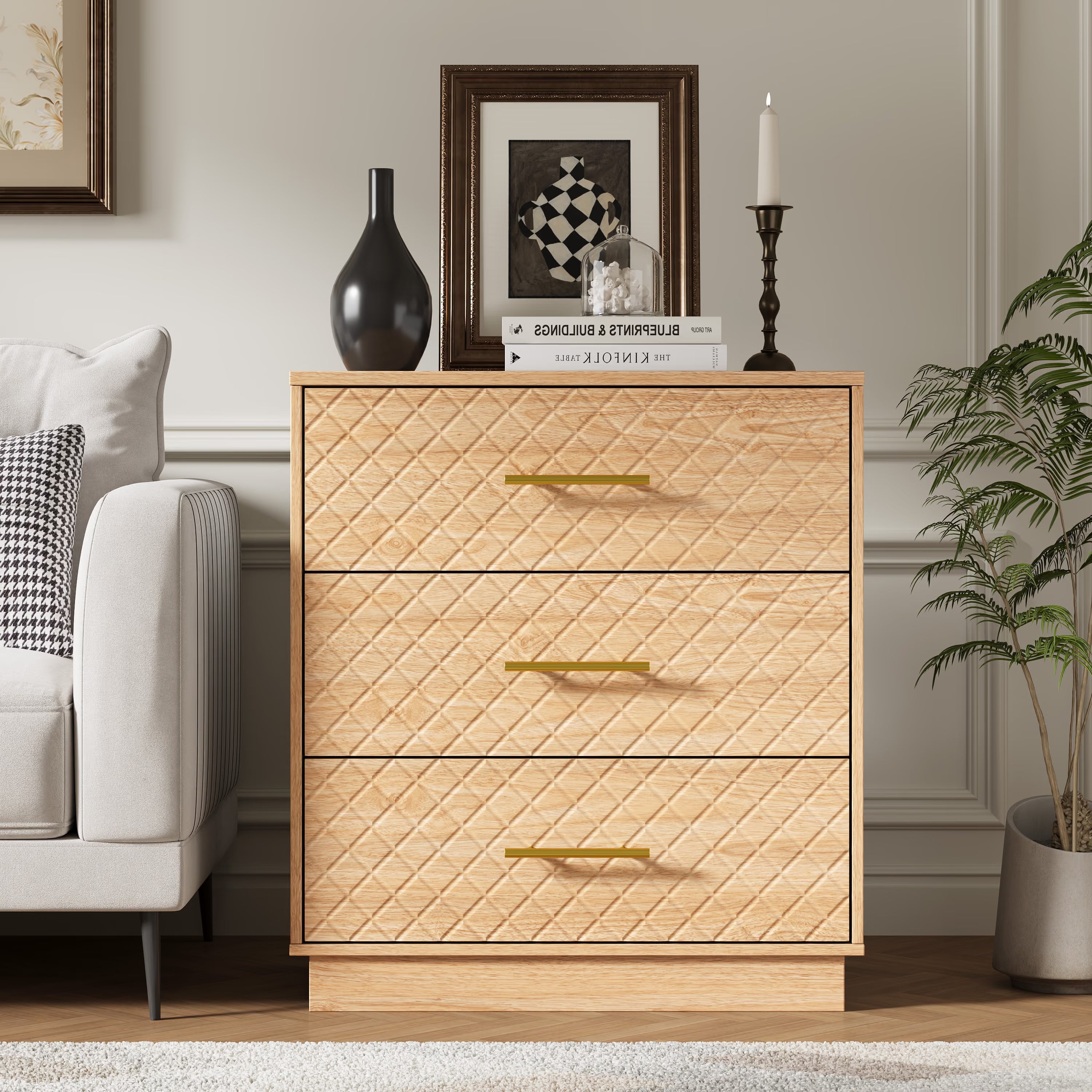 Oak wood 3-drawer dresser with diamond line fronts beside a sofa in the living room