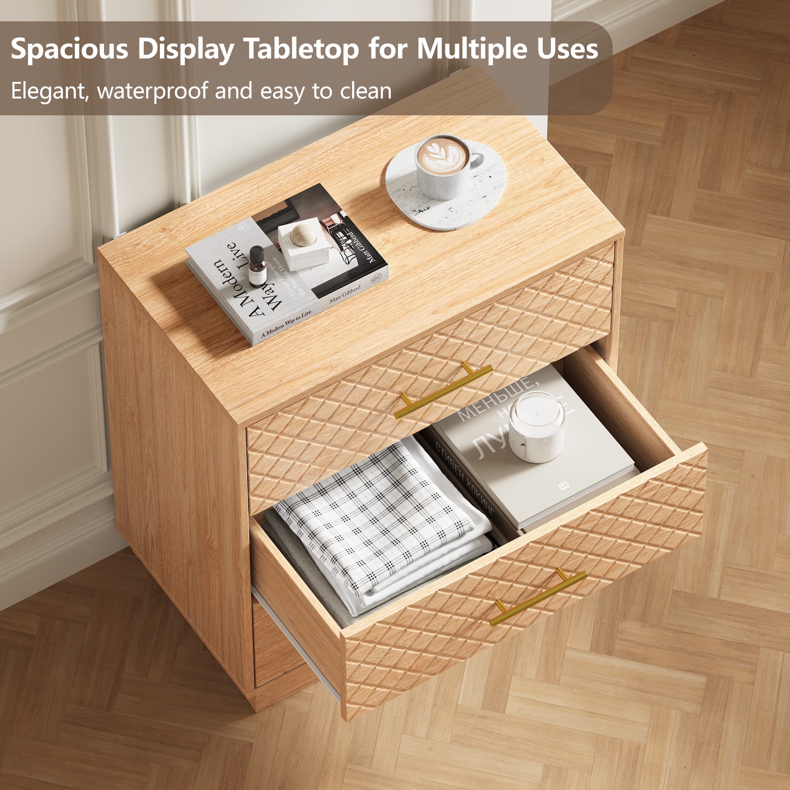 Spacious waterproof tabletop and deep drawer storage of the oak wood 3-drawer dresser