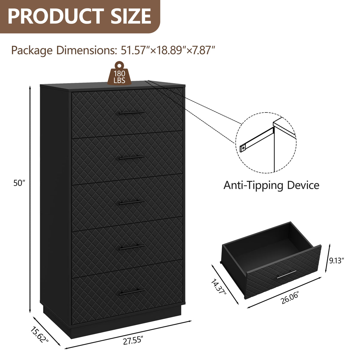 Prisma Tall 5-Drawer Dresser for Bedroom
