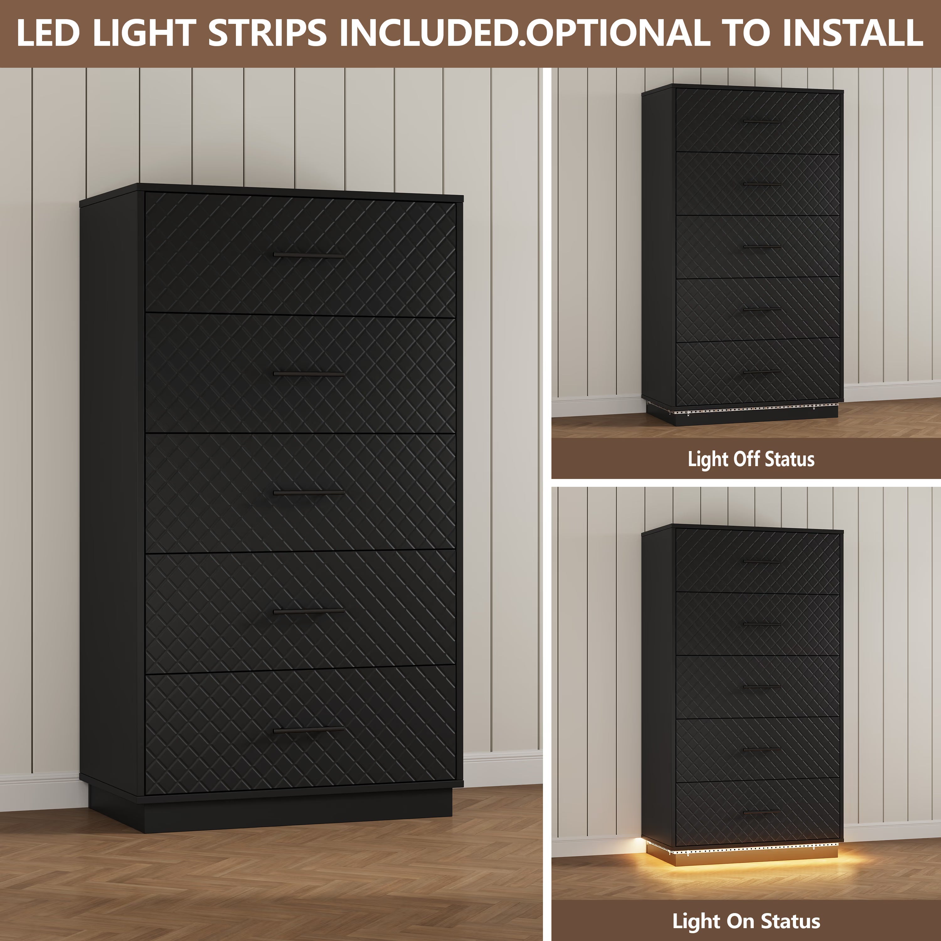 LED light strips on the black tall 5-drawer dresser, optional to install, light on and off comparison