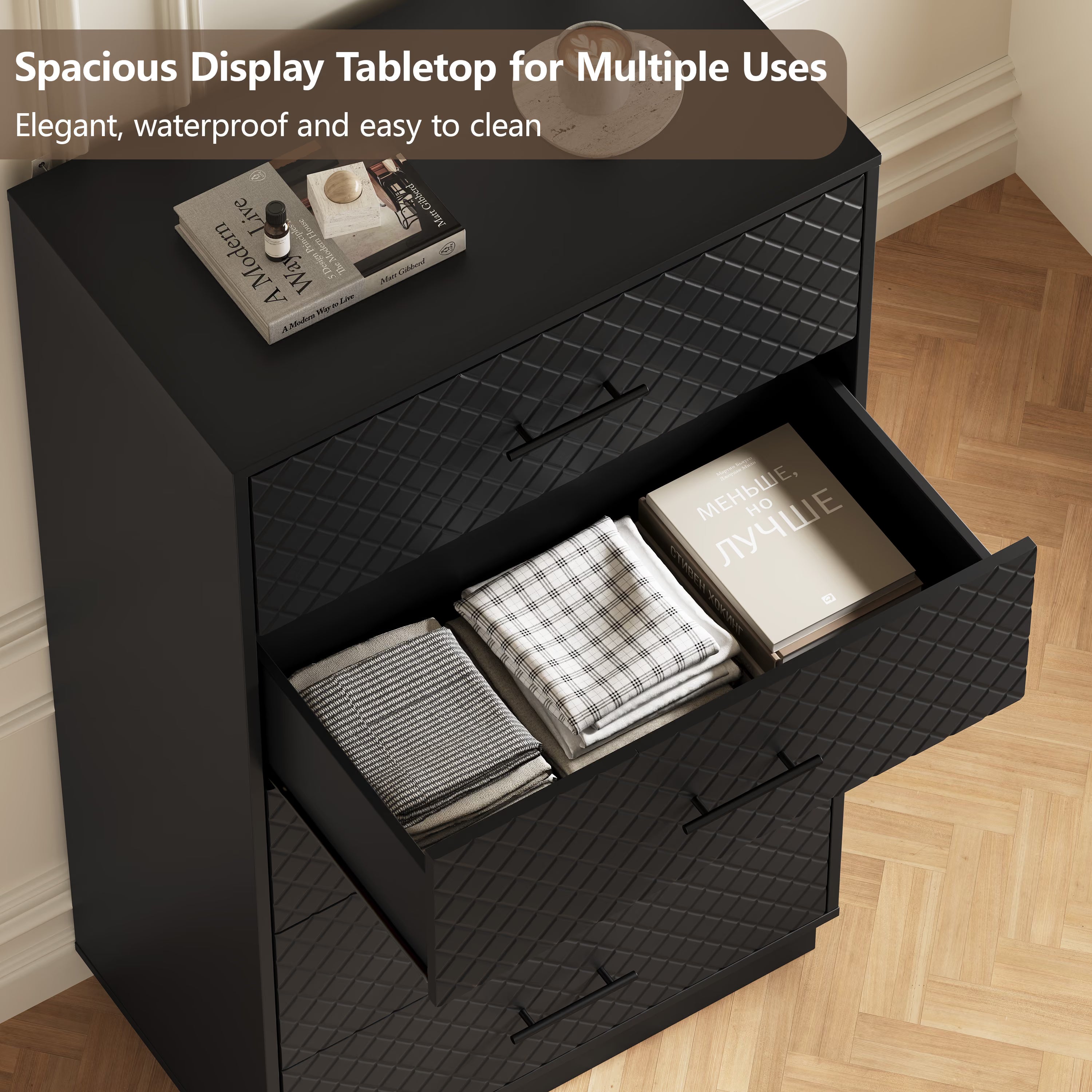 Spacious waterproof tabletop and deep drawer storage of the black tall 5-drawer dresser