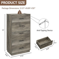Wood gray tall 5-drawer dresser dimensions: 27.55 in W x 15.62 in D x 50 in H, with anti-tipping device