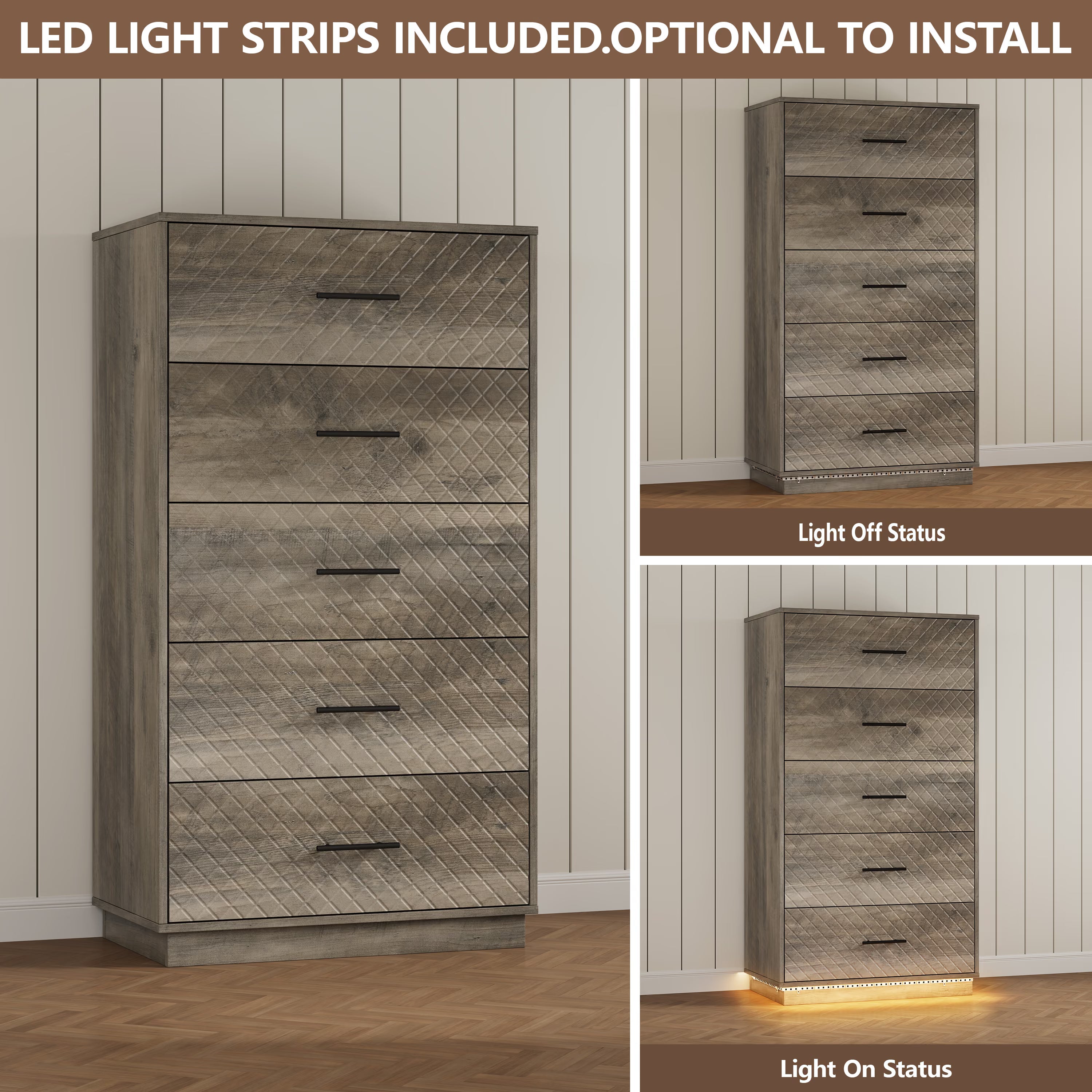 LED light strips on the wood gray tall 5-drawer dresser, optional to install, light on and off comparison