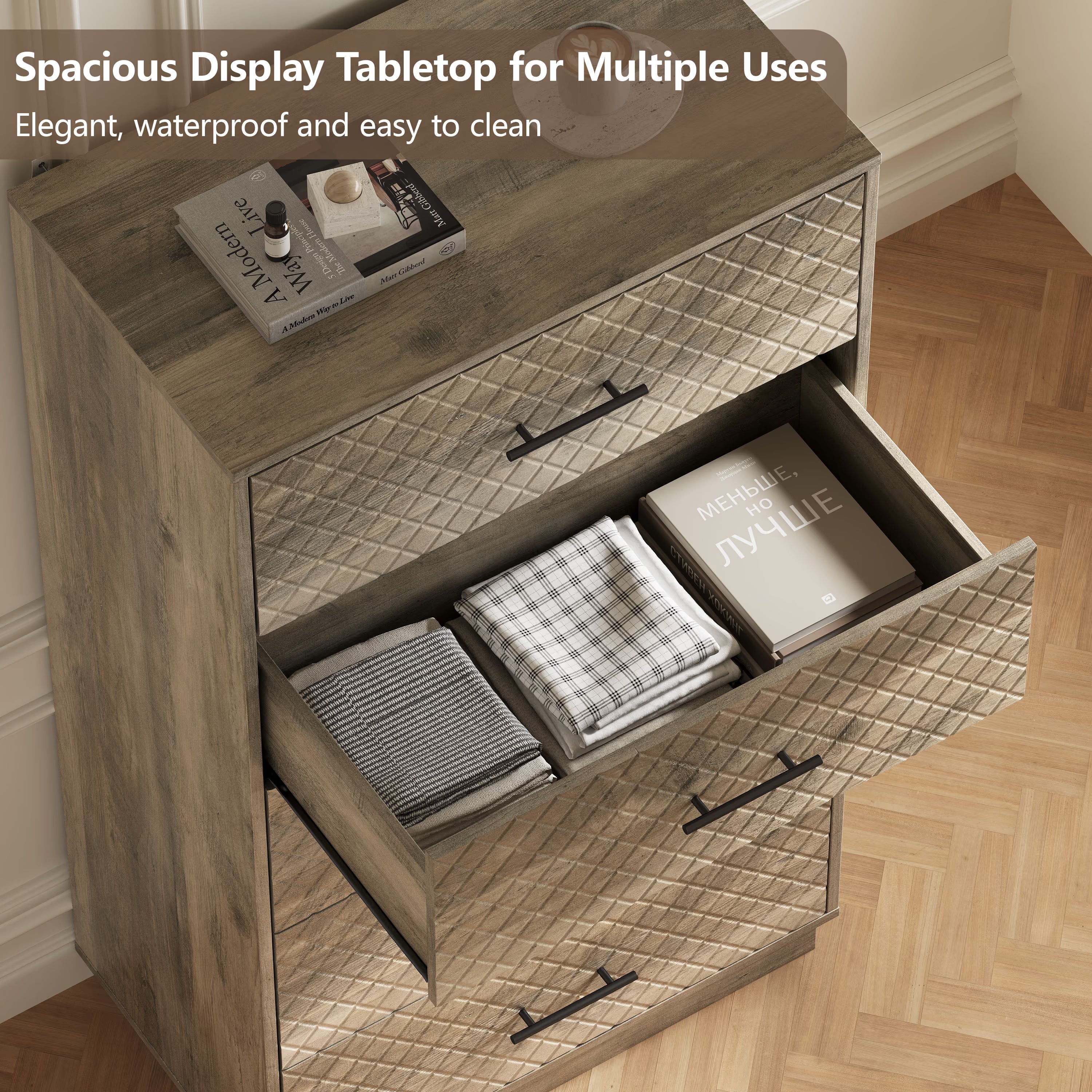 Spacious waterproof tabletop and deep drawer storage of the wood gray tall 5-drawer dresser