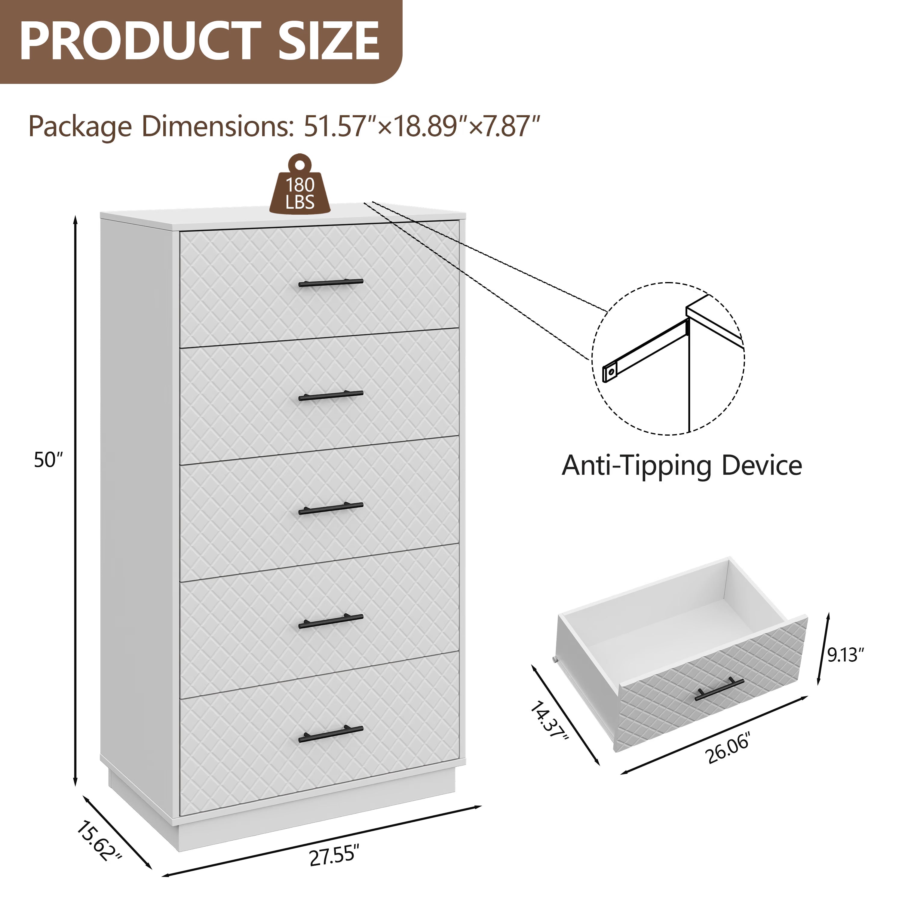 White tall 5-drawer dresser dimensions: 27.55 in W x 15.62 in D x 50 in H, with anti-tipping device