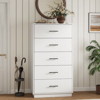 White tall 5-drawer dresser styled in an entryway with a round mirror
