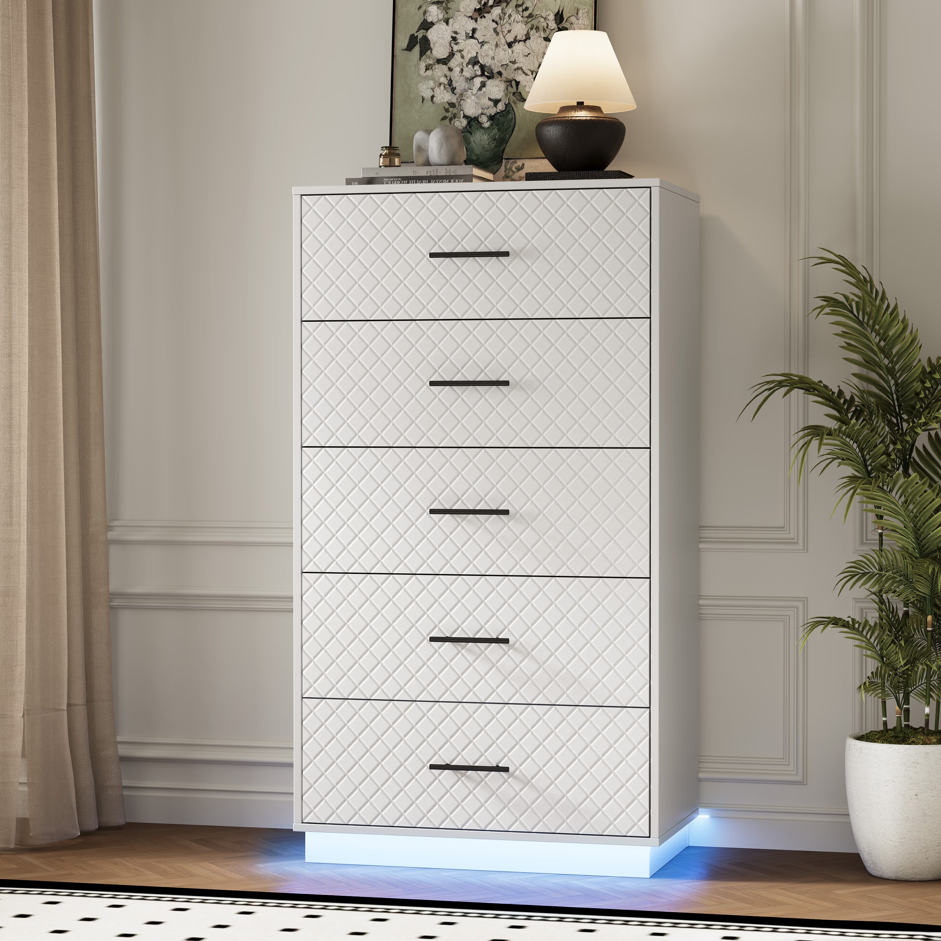 White Prisma tall 5-drawer dresser with diamond line fronts and LED base lighting in a modern living room