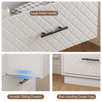 White tall 5-drawer dresser details: large metal handles, smooth-gliding drawers and floor-standing legs