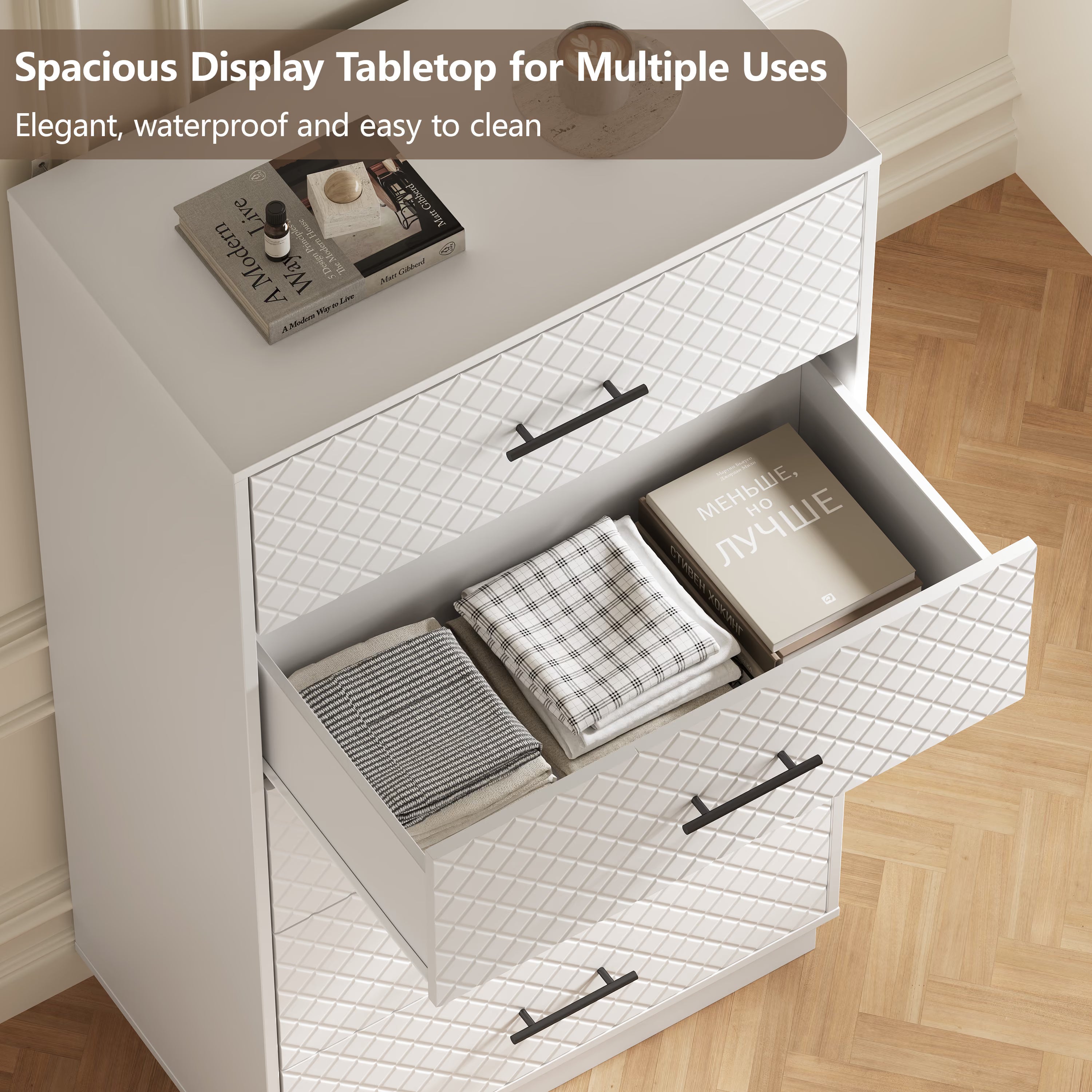 Spacious waterproof tabletop and deep drawer storage of the white tall 5-drawer dresser
