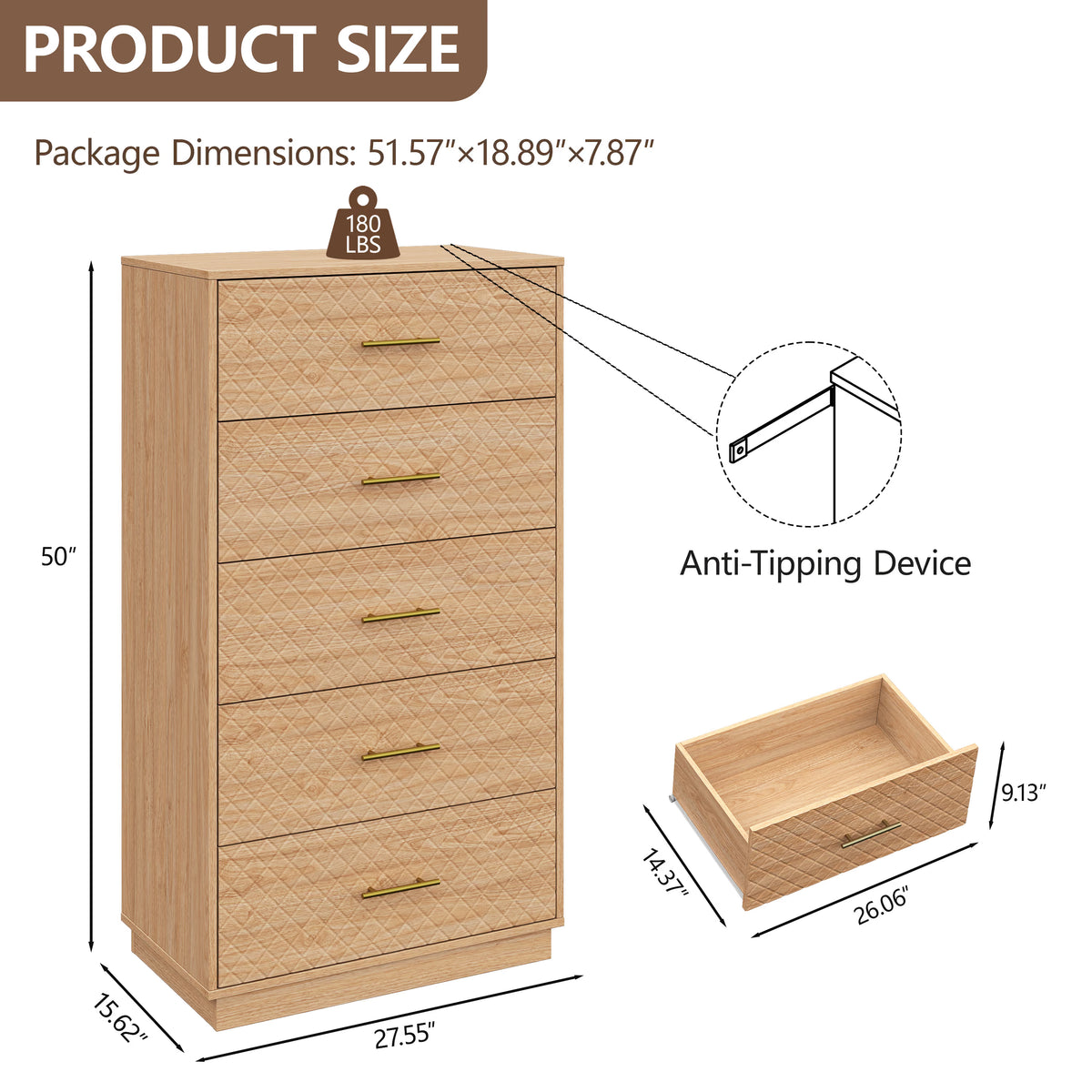 Prisma Tall 5-Drawer Dresser for Bedroom
