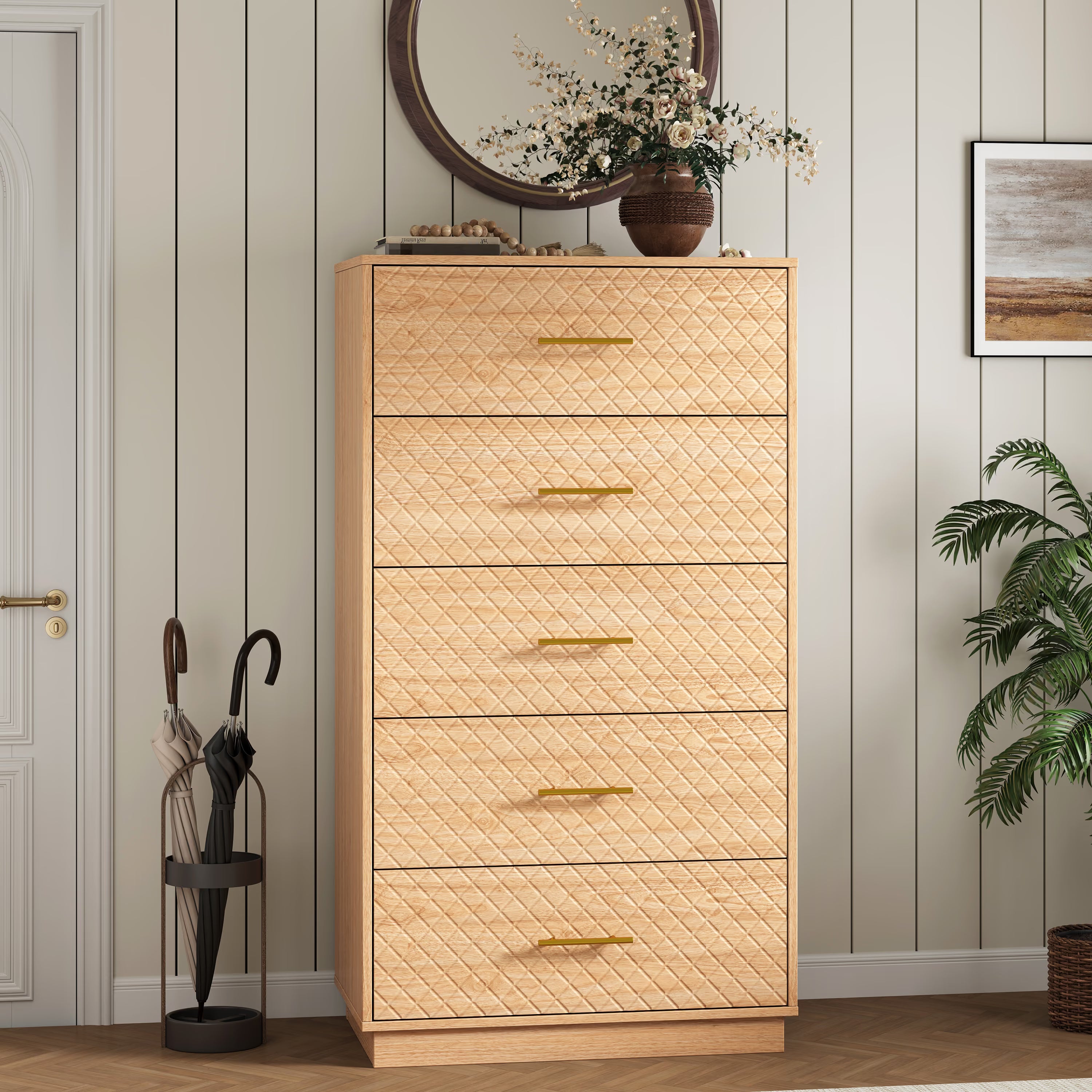 Oak wood tall 5-drawer dresser styled in an entryway with a round mirror