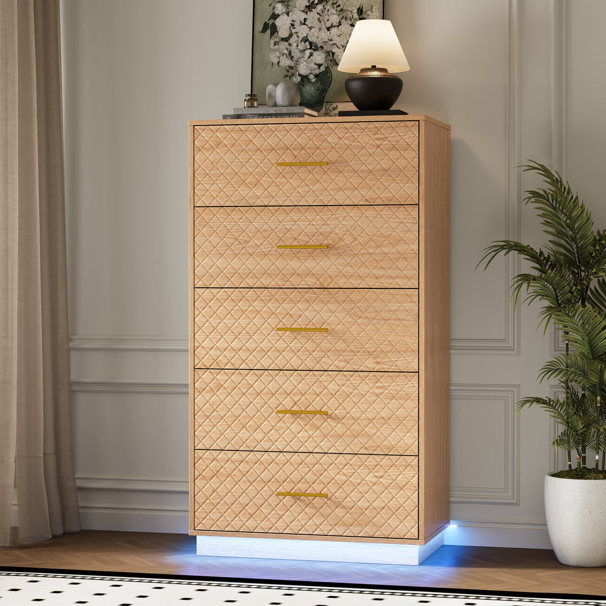 Oak wood Prisma tall 5-drawer dresser with diamond line fronts and LED base lighting in a modern living room