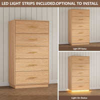 LED light strips on the oak wood tall 5-drawer dresser, optional to install, light on and off comparison