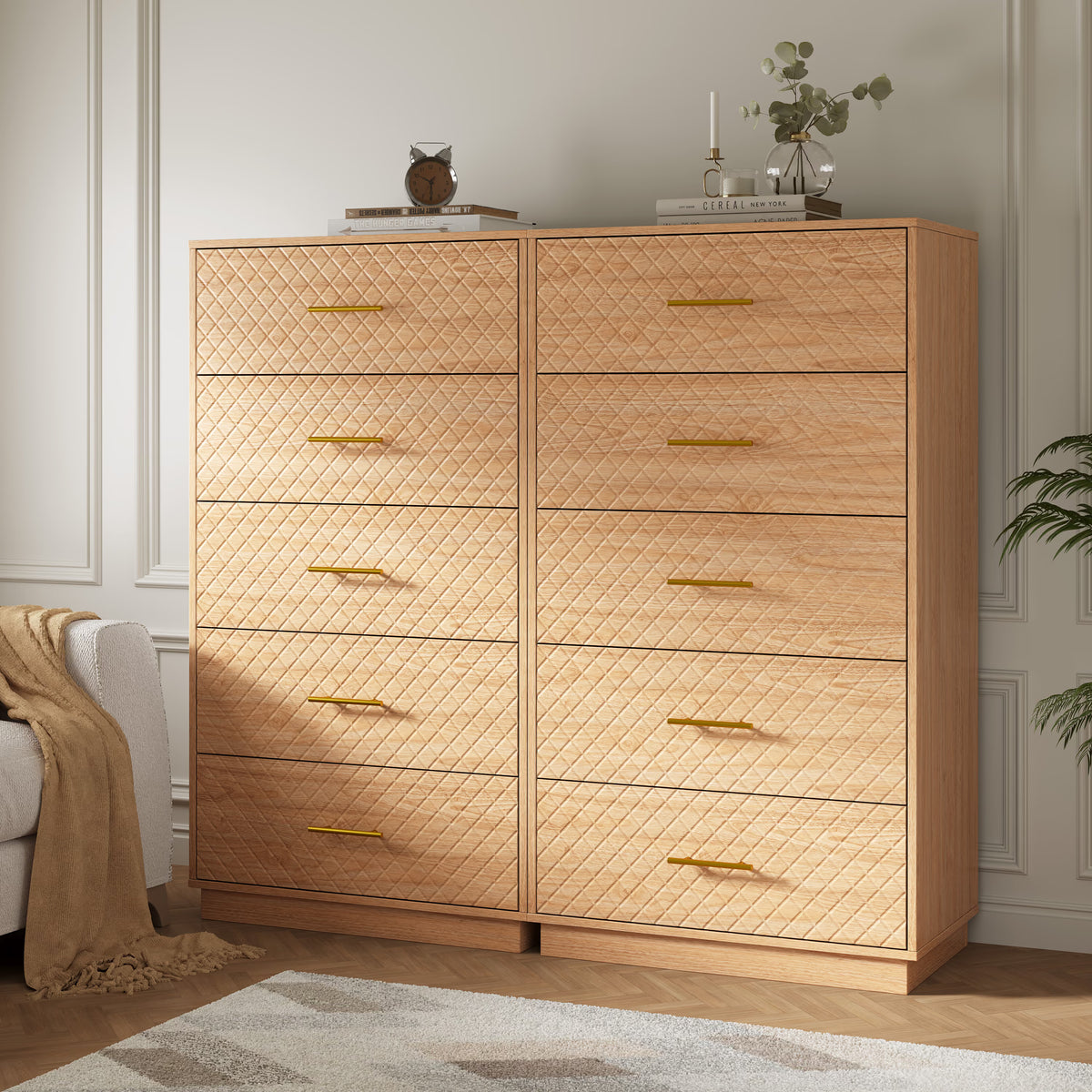 Set of two oak wood tall 5-drawer dressers side by side in a living room