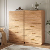 Set of two oak wood tall 5-drawer dressers side by side in a living room