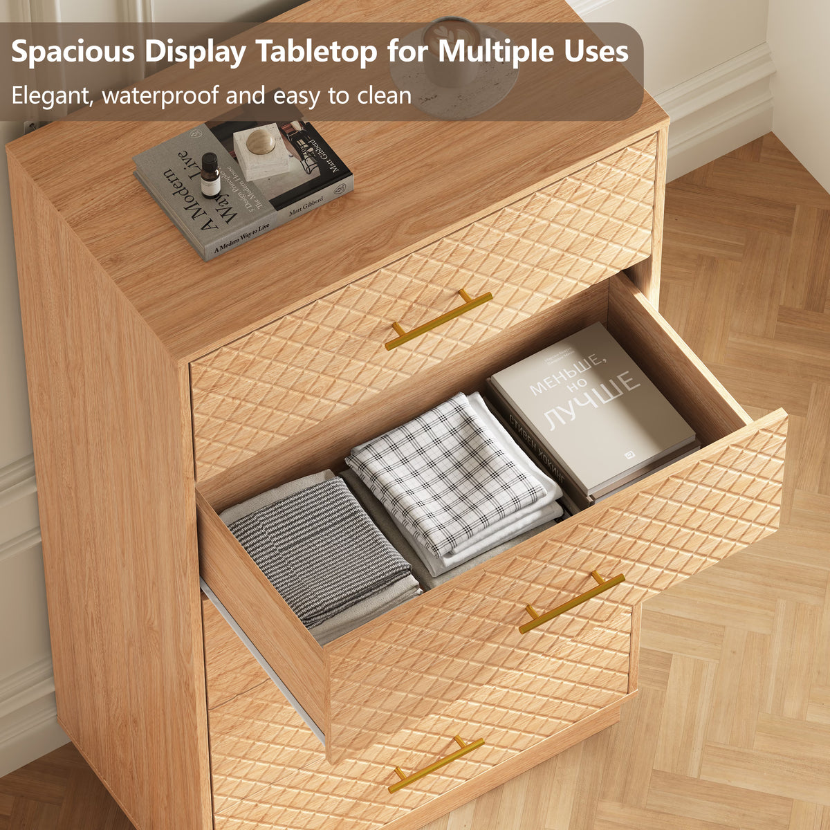 Spacious waterproof tabletop and deep drawer storage of the oak wood tall 5-drawer dresser