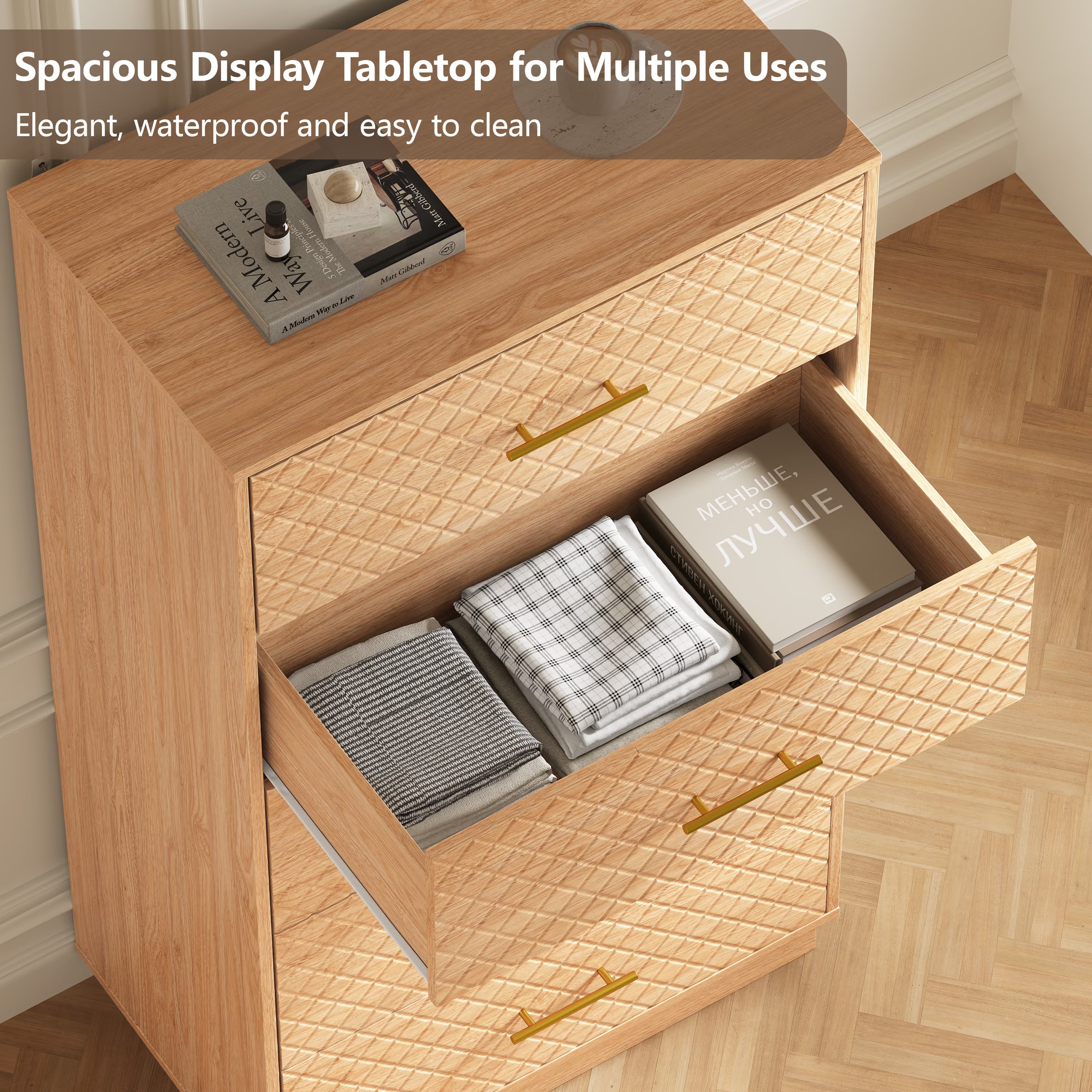 Spacious waterproof tabletop and deep drawer storage of the oak wood tall 5-drawer dresser
