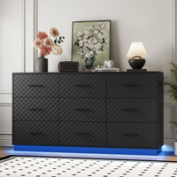 Black 9-drawer double dresser with LED light strips, diamond line front and floor-standing base