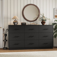Black 9-drawer double dresser styled in an entryway with a round mirror