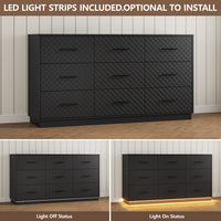 LED light strips on the black 9-drawer dresser, optional to install, light on and off comparison
