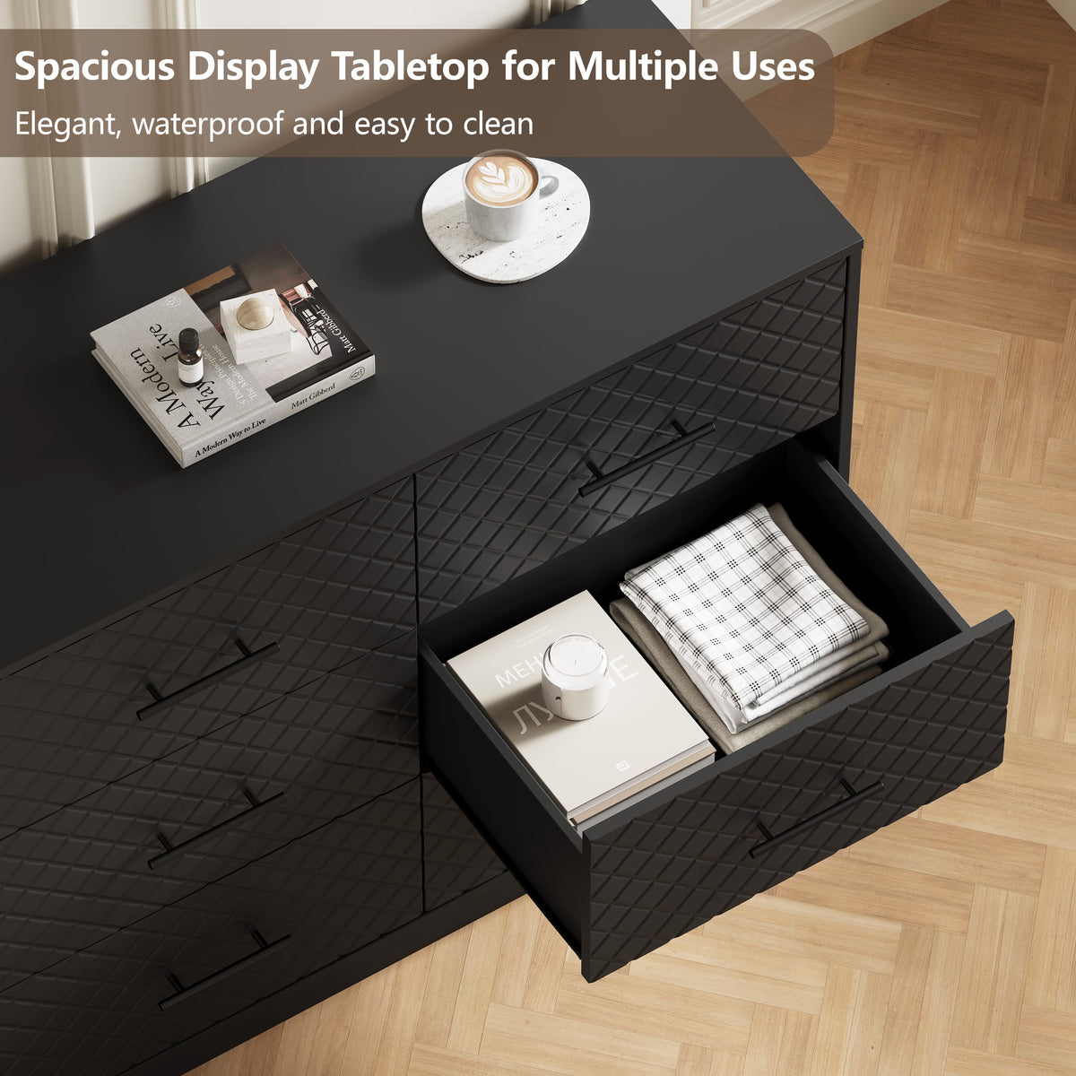 Spacious waterproof tabletop and deep drawer storage of the black 9-drawer dresser