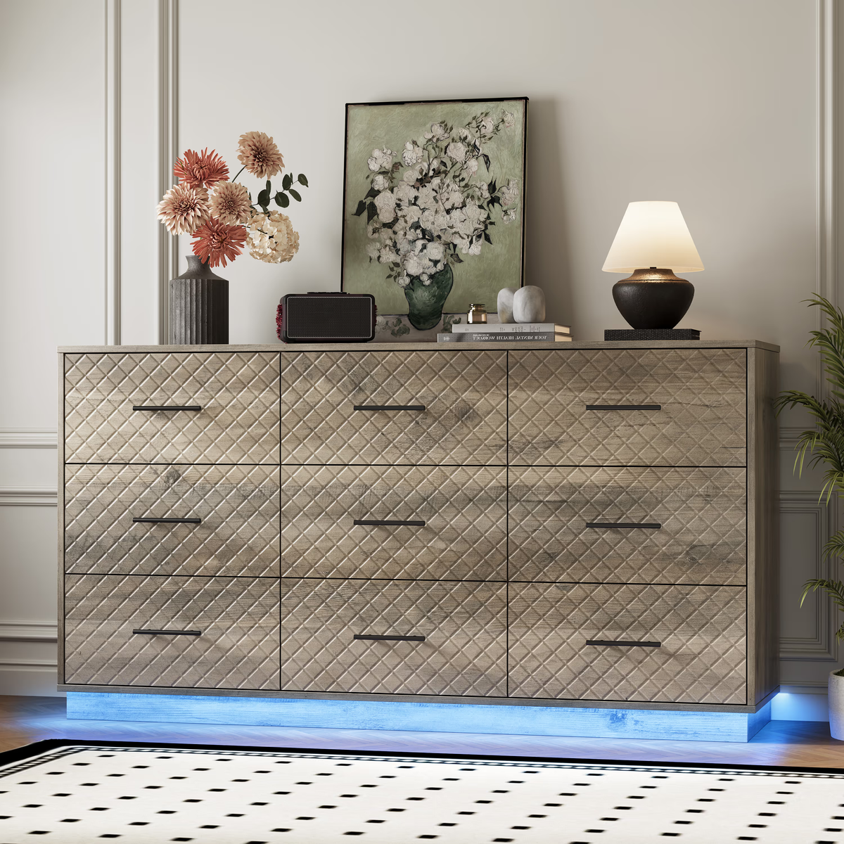 Wood gray 9-drawer double dresser with LED light strips, diamond line front and floor-standing base