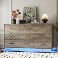 Wood gray 9-drawer double dresser with LED light strips, diamond line front and floor-standing base