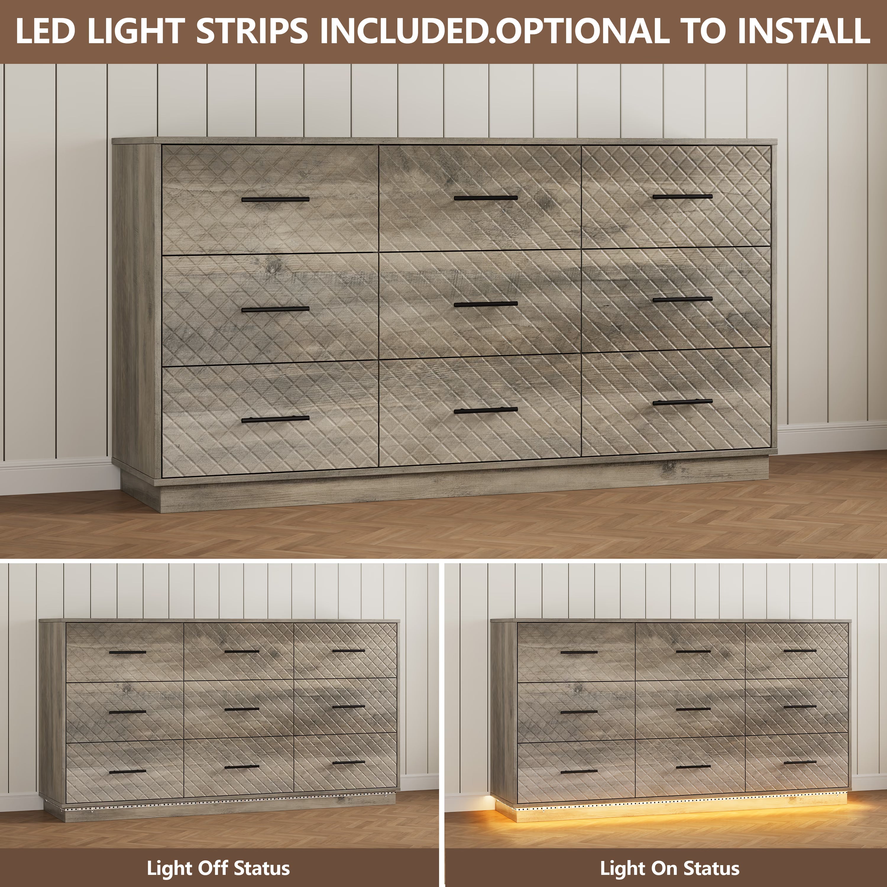 LED light strips on the wood gray 9-drawer dresser, optional to install, light on and off comparison