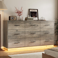 Wood gray 9-drawer dresser with warm LED light strip glowing in a bedroom